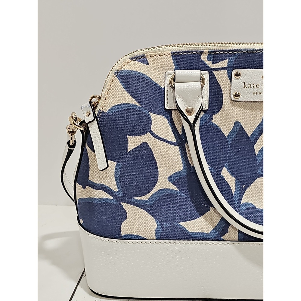 Kate Spade Wellesley Rachelle Leaves Dome Satchel Handbag Navy Blue White Canvas - Picture 2 of 13